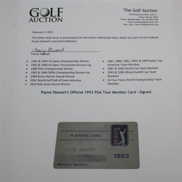Payne Stewart's Official 1993 PGA Tour Member Card - Signed JSA ALOA