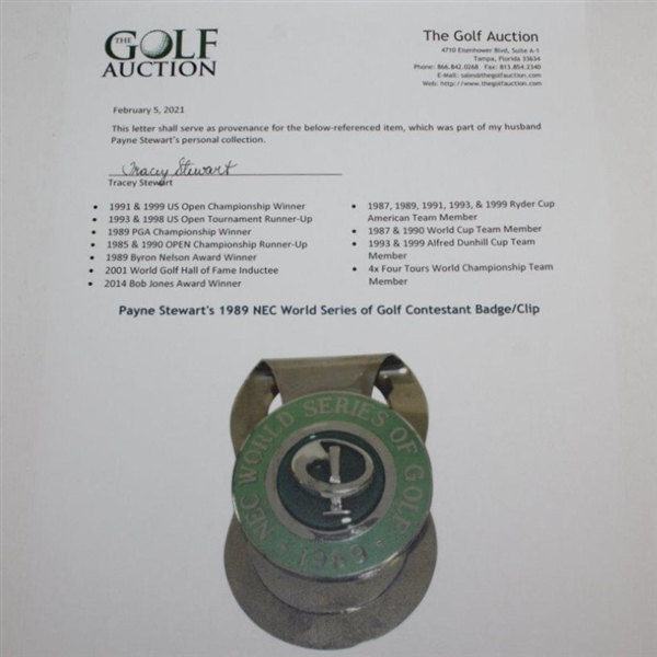 Payne Stewart's 1989 NEC World Series of Golf Contestant Badge/Clip