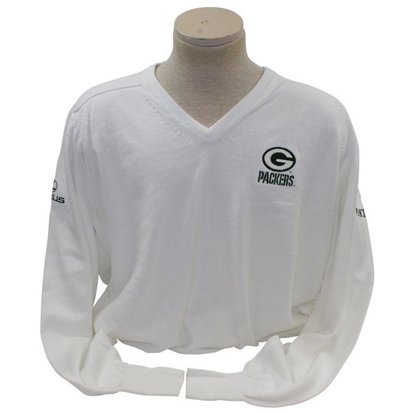Payne Stewarts Tournament Worn Green Bay Packers Logo White V-Neck Sweater