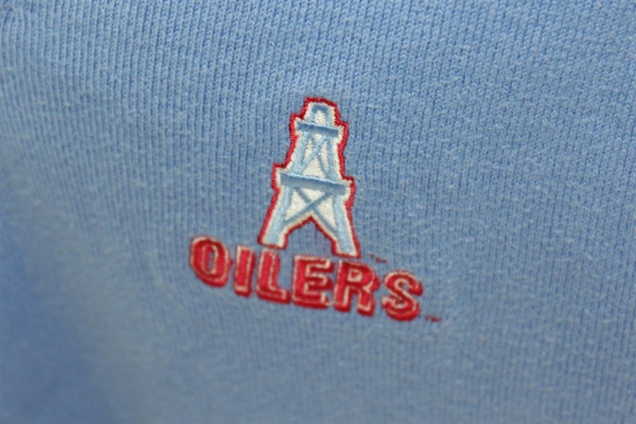 Payne Stewart's Tournament Worn Houston Oilers Logo Lt Blue V-Neck Sweater Vest