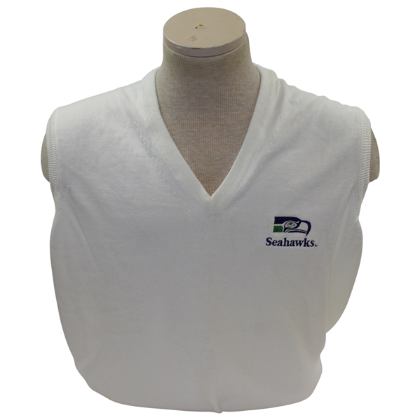 Payne Stewarts Tournament Worn Seattle Seahawks Logo White V-Neck Sweater Vest