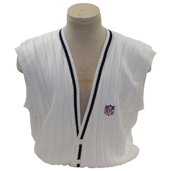 Payne Stewarts Tournament Worn NFL Shield Logo White V-Neck Button Sweater Vest