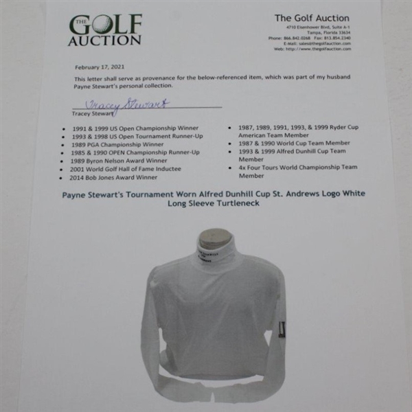 Payne Stewart's Tournament Worn Alfred Dunhill Cup St. Andrews Logo White Long Sleeve Turtleneck