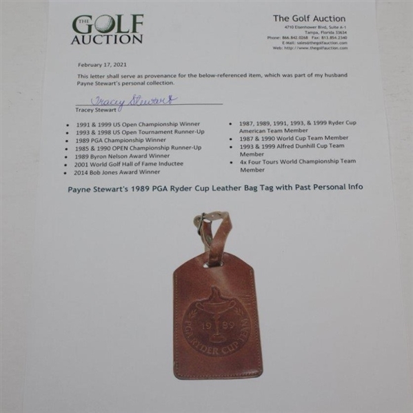 Payne Stewart's 1989 PGA Ryder Cup Leather Bag Tag with Past Personal Info