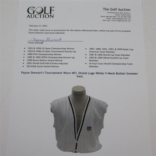 Payne Stewart's Tournament Worn NFL Shield Logo White V-Neck Button Sweater Vest