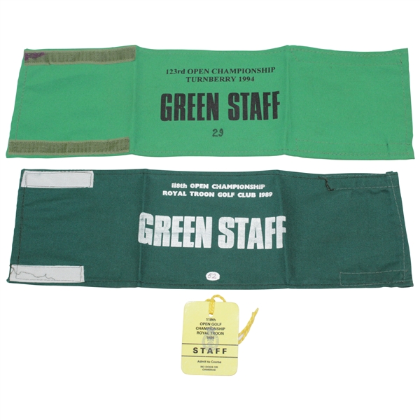 1989 & 1994 OPEN Championship Green Staff Arm Bands Plus 1989 Staff Ticket