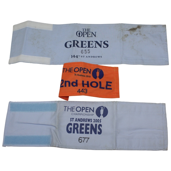 2005 & 2015 OPEN at St. Andrews Greens Arm Bands with 2010 72nd Hole Arm Band