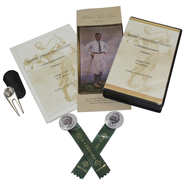 Bobby Jones 2002 Centenary Commemorative Dinner Items - Ribbons, VHS, Menu, Divot Tool, & more