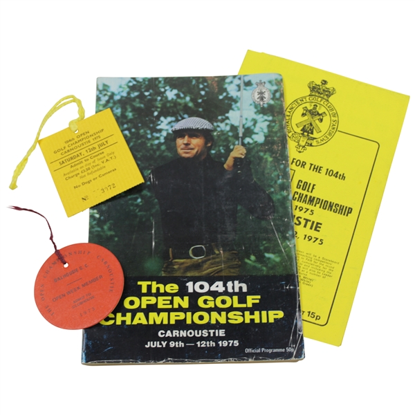 1975 OPEN at Carnoustie Nicklaus Signed Program with Ticket, Week Badge, & Draw Sheet JSA ALOA