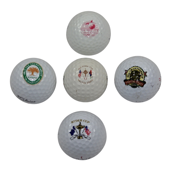 Five (5) Logo Golf Balls - 1989, 2004, & 2012 PGA with Walton Heath & Belfry Ryder Cup 