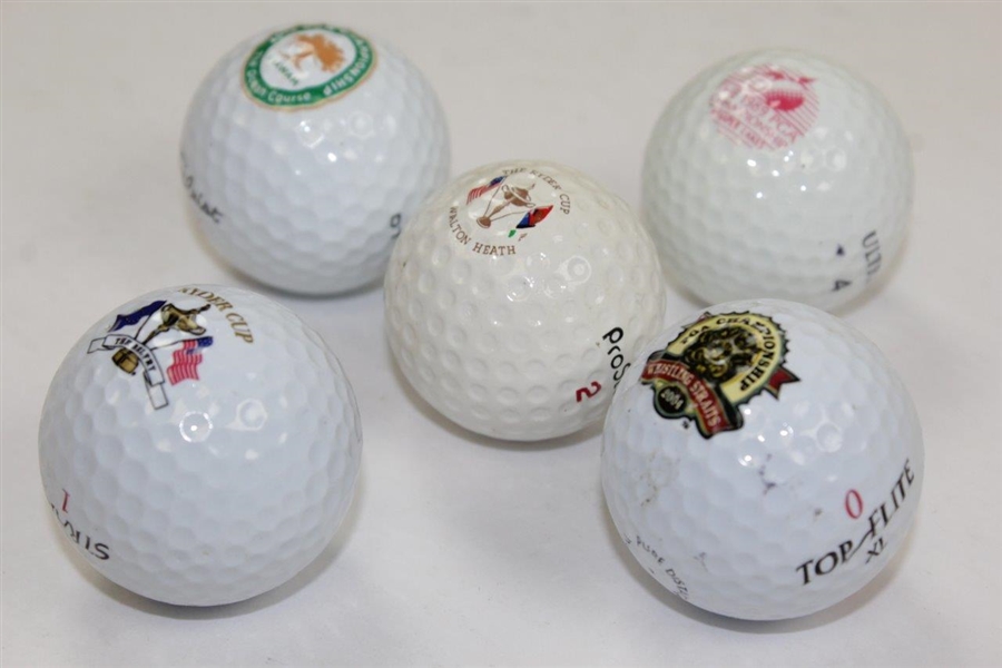 Five (5) Logo Golf Balls - 1989, 2004, & 2012 PGA with Walton Heath & Belfry Ryder Cup 