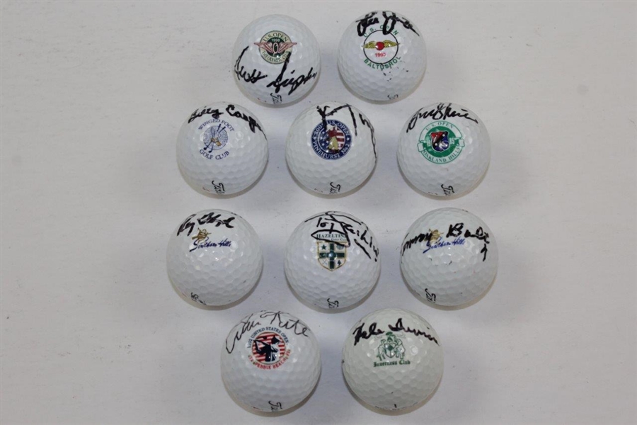 Ten (10) US Open Chapmions Signed Logo Golf Balls from Site of Win JSA ALOA