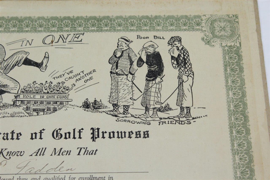 Vintage 1930 Hole-In-One Certificate with Golf Seal Featuring Humorous Clare Briggs Drawing