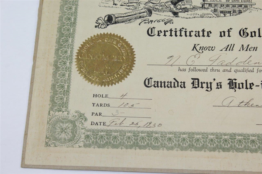Vintage 1930 Hole-In-One Certificate with Golf Seal Featuring Humorous Clare Briggs Drawing
