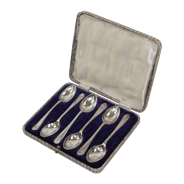 Six (6) Sterling Silver Crossed Clubs with Golf Ball Spoons Original Lined Case & Faux Reptile Cover