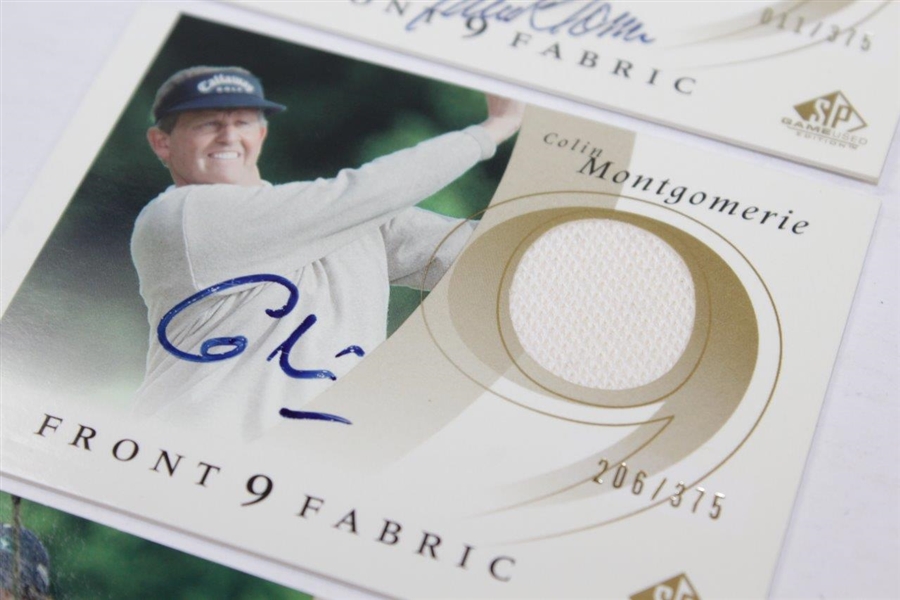 Three (3) Major Winners Signed 'Front 9 Fabric' Golf Cards - Price, Montgomerie, & Toms