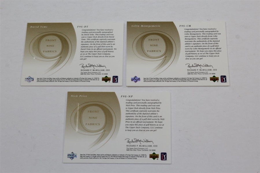 Three (3) Major Winners Signed 'Front 9 Fabric' Golf Cards - Price, Montgomerie, & Toms