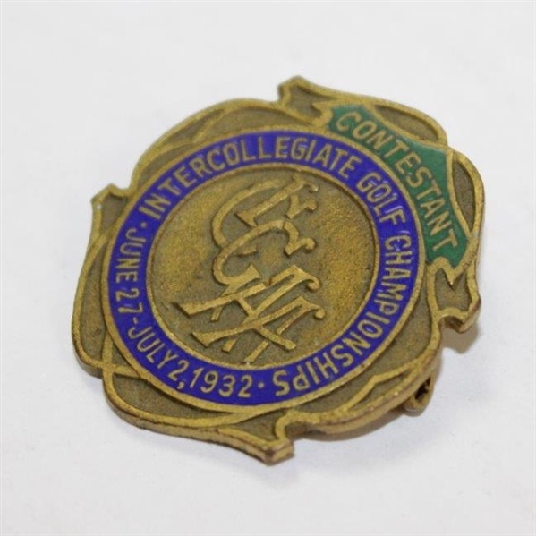 1932 Intercollegiate Golf Championship Contestant Badge - Excellent Condition - Johnny Fischer Wins!