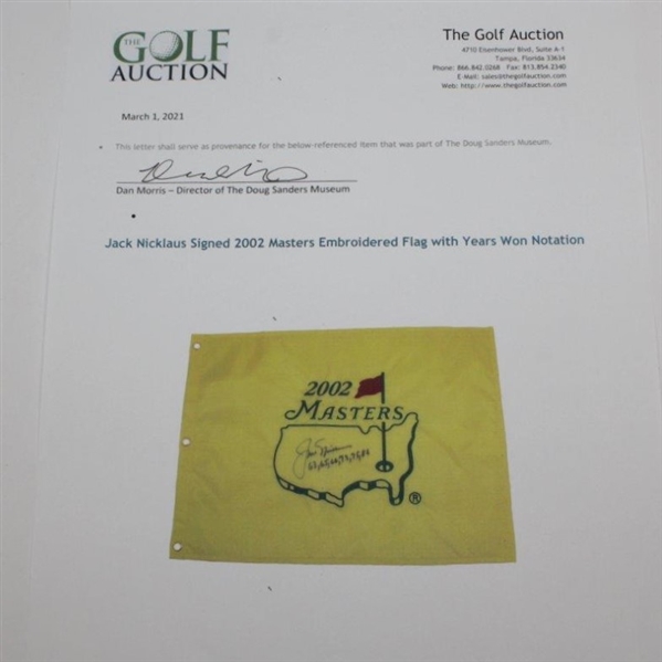 Jack Nicklaus Signed 2002 Masters Embroidered Flag with Years Won Notation JSA ALOA