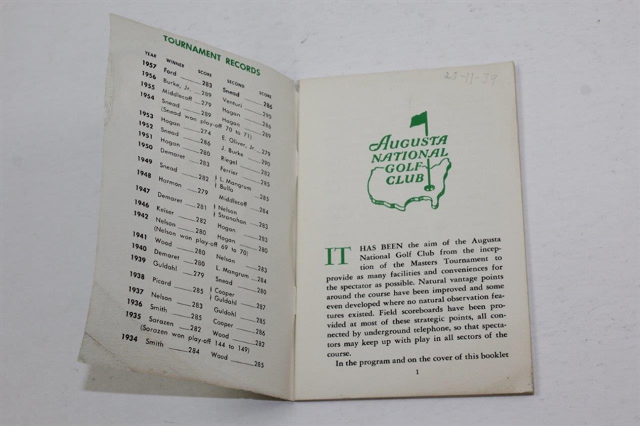 1958 Masters Tournament Spectator Guide - Arnie's First Green Jacket