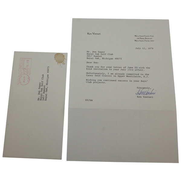 Ken Venturi Signed July 12, 1979 Signed Typed Letter to Don Soper Declining Invitation JSA ALOA