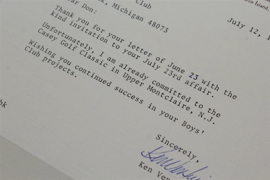 Ken Venturi Signed July 12, 1979 Signed Typed Letter to Don Soper Declining Invitation JSA ALOA
