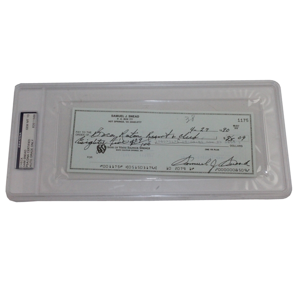 Sam Snead Signed 1990 Personal Check to Boca Raton Resort & Club PSA GEM MT 10 83511568 