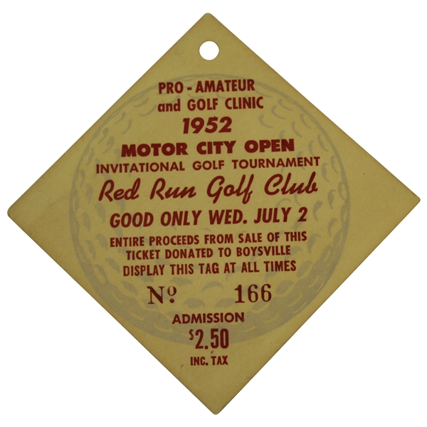 1952 Motor City Open Inv. Golf Tournament at Red Run GC Ticket #166 - Cary Middlecoff Winner