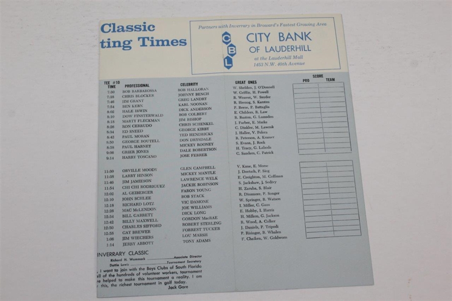 Mickey Mantle Signed 1972 Jackie Gleason Inverrary Pairings Sheet with Grounds/Clubhouse Badge JSA ALOA