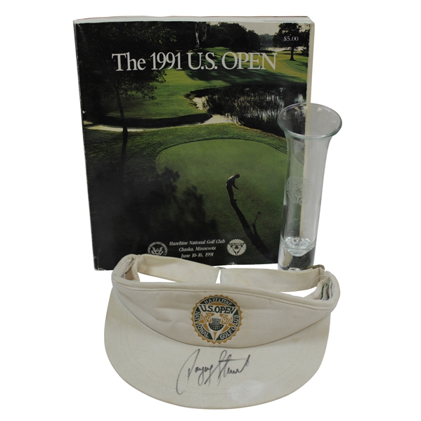 Payne Stewart Signed 1991 US Open at Hazeltine Visor with Program & Glass Vase JSA ALOA