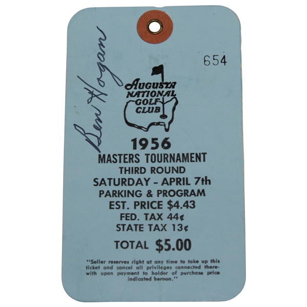 Ben Hogan Signed 1956 Masters Tournament Saturday Ticket #654 - JSA ALOA
