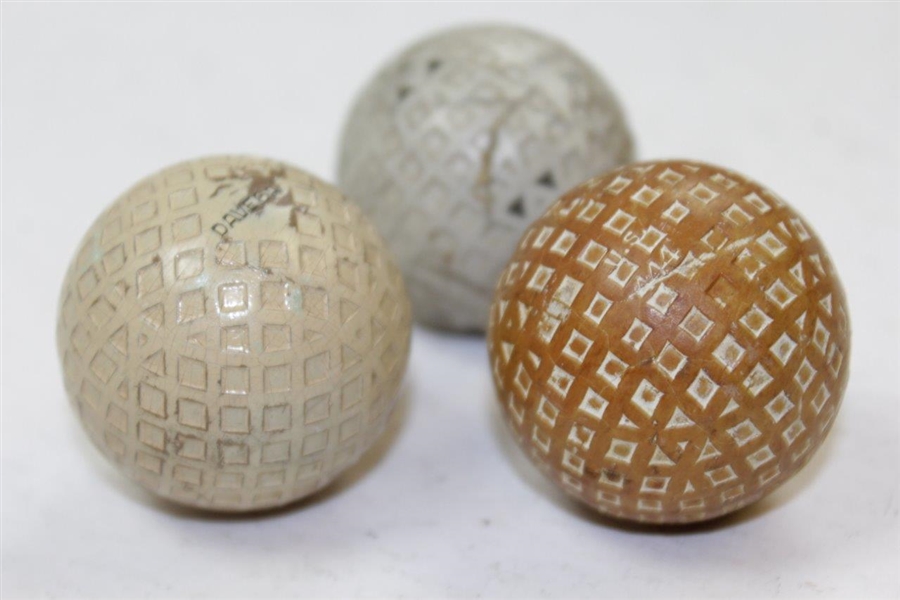 Three (3) Vintage Square Mesh Golf Balls - Davega Fleetwing, Enburg 75, & US 444 