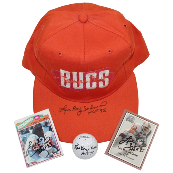 HOF Lee Roy Selmon Signed Golf Ball, Classic Bucs Hat, & Two Football Cards (RC) JSA ALOA