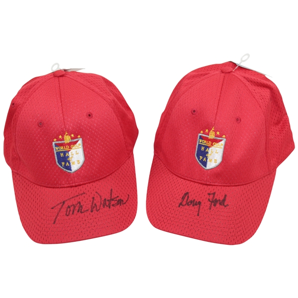 Tom Watson & Doug Ford Signed Unused World Golf Hall of Fame Fitted Red Hats JSA ALOA