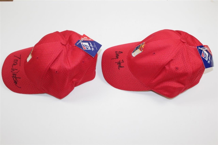 Tom Watson & Doug Ford Signed Unused World Golf Hall of Fame Fitted Red Hats JSA ALOA