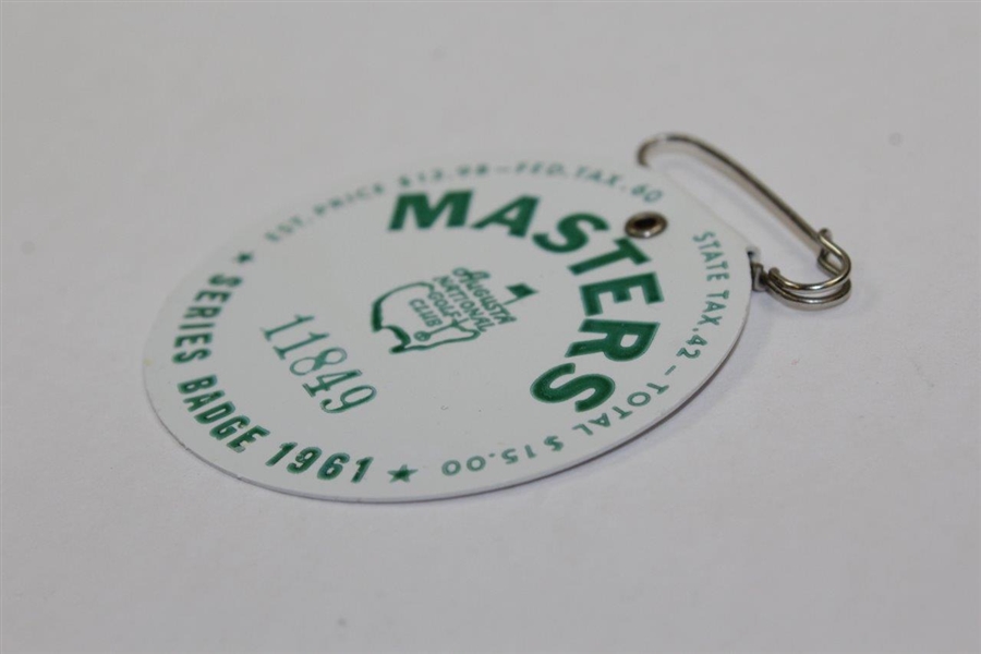 1961 Masters Tournament SERIES Badge #11849 with Original Pin - Gary Player Winner