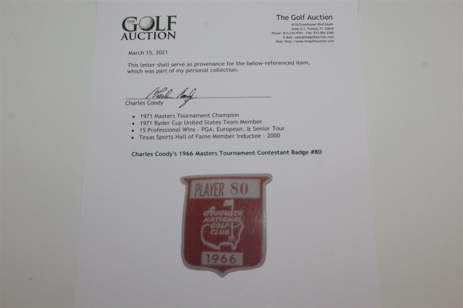 Charles Coody's 1966 Masters Tournament Contestant Badge #80