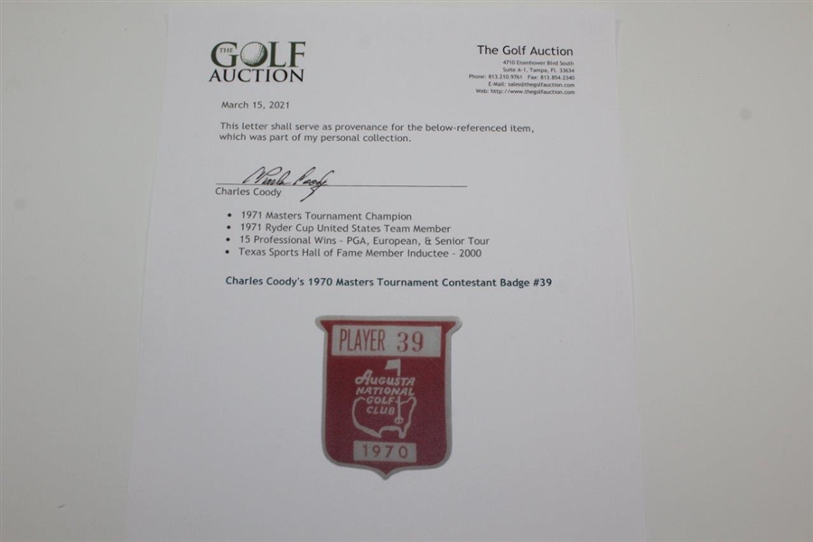 Charles Coody's 1970 Masters Tournament Contestant Badge #39