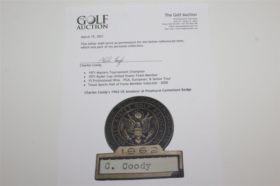 Charles Coody's 1962 US Amateur at Pinehurst Contestant Badge