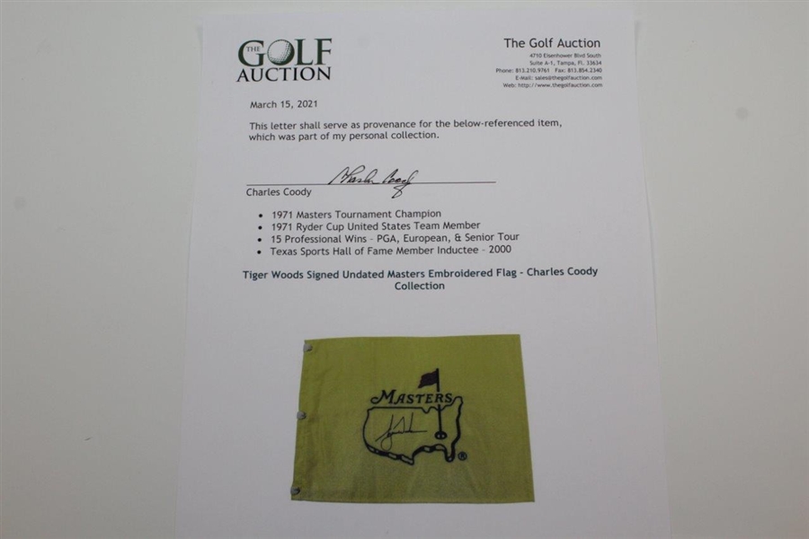 Tiger Woods Signed Undated Masters Embroidered Flag - Charles Coody Collection JSA ALOA