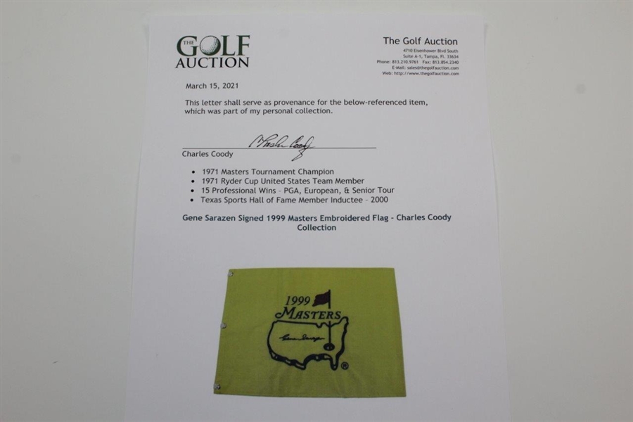 Gene Sarazen Signed 1999 Masters Embroidered Flag - Charles Coody Collection JSA ALOA