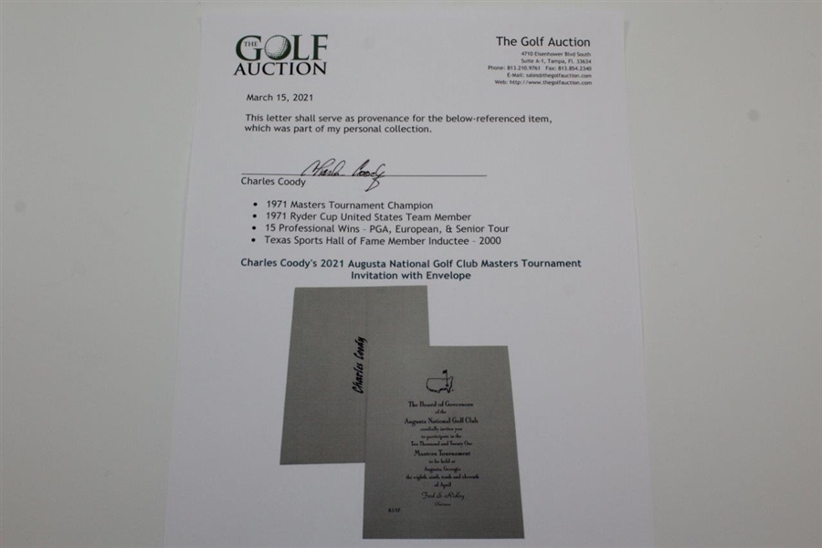 Charles Coody's 2021 Augusta National Golf Club Masters Tournament Invitation with Envelope