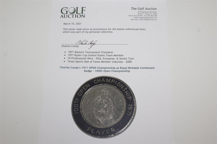 Charles Coody's 1971 OPEN Championship at Royal Birkdale Contestant Badge - 100th Open Championship