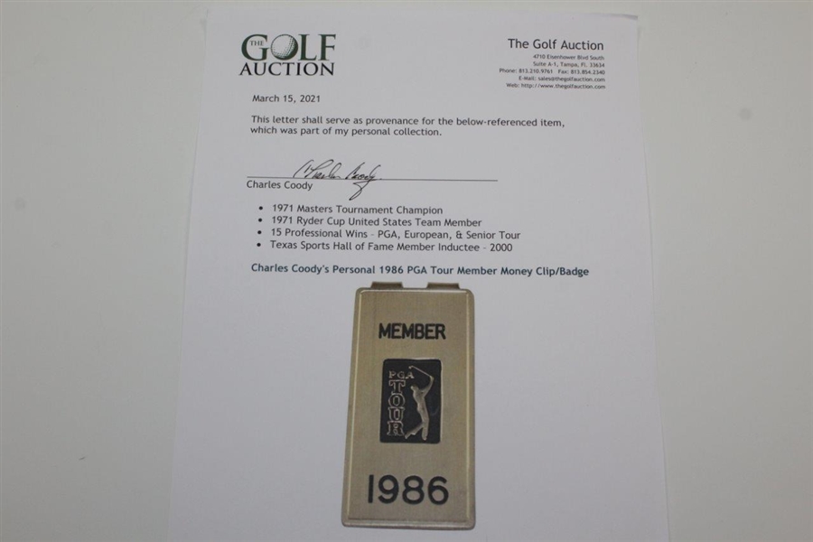 Charles Coody's Personal 1986 PGA Tour Money Clip/Badge