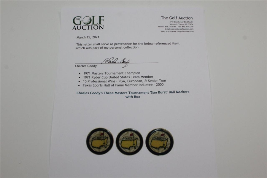 Charles Coody's Three Masters Tournament 'Sun Burst' Ball Markers with Box