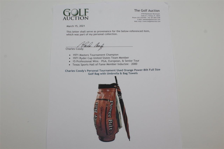 Charles Coody's Personal Tournament Used Orange Power-Bilt Full Size Golf Bag with Umbrella & Bag Towels