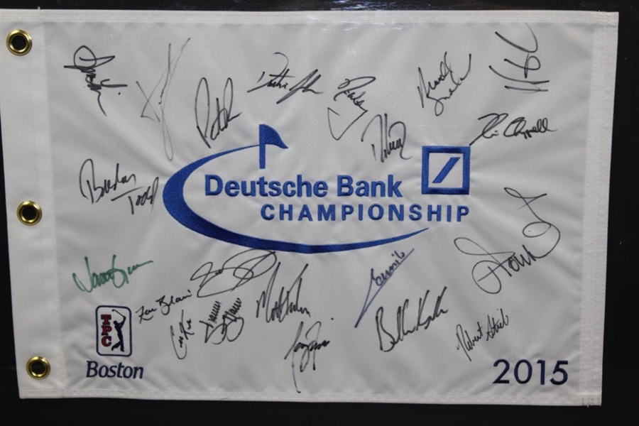 Brooks Koepka, Day, Johnson, & others Multi-Signed 2015 Deutsche Bank Embroidered Flag - Framed JSA ALOA