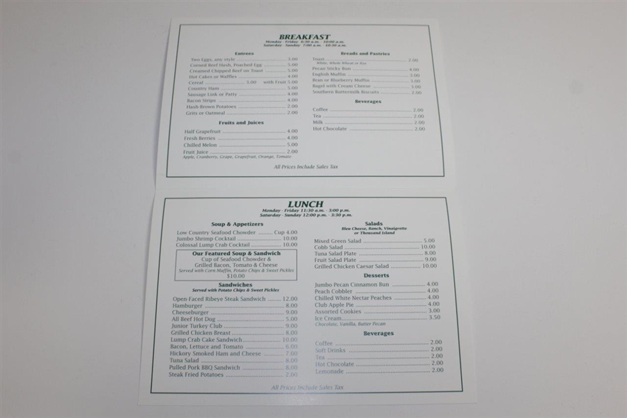 2004 Masters Tournament Augusta National Clubhouse Breakfast & Lunch Menu