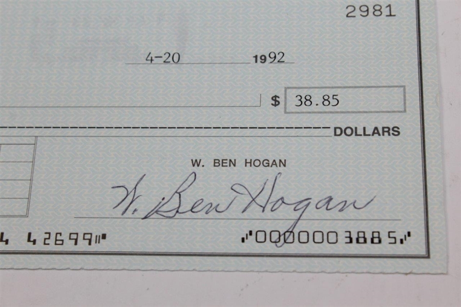 Ben Hogan Signed 4/20/1992 Check #2981 to Fort Worth Star-Telegram JSA ALOA