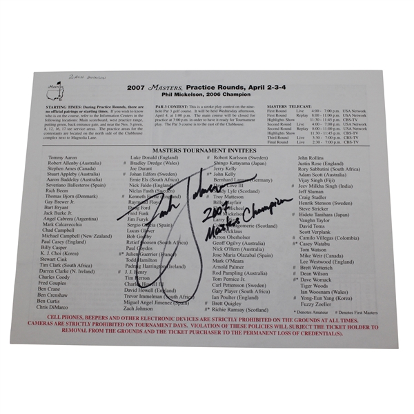 Zach Johnson Signed 2007 Masters Pairing Sheet with '2007 Masters Champion' Inscription JSA ALOA